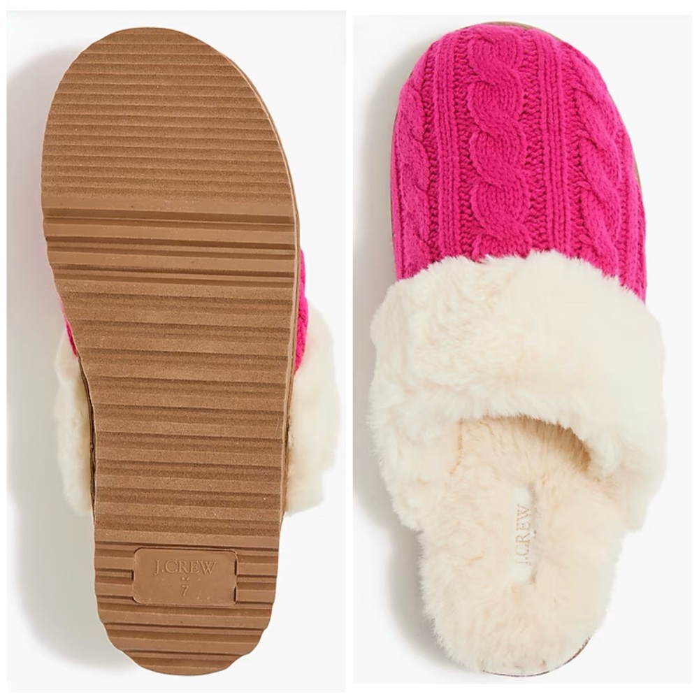 J. Crew Slippers Pink Cable Knit Fur Slippers Size 7 8 9 NWT - Picture 4 of 16